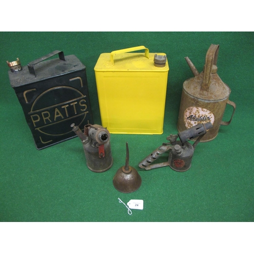 24 - Pratts and plain two gallon fuel cans with caps (restored), two Monitor blow lamps, Aladdin Pink par... 