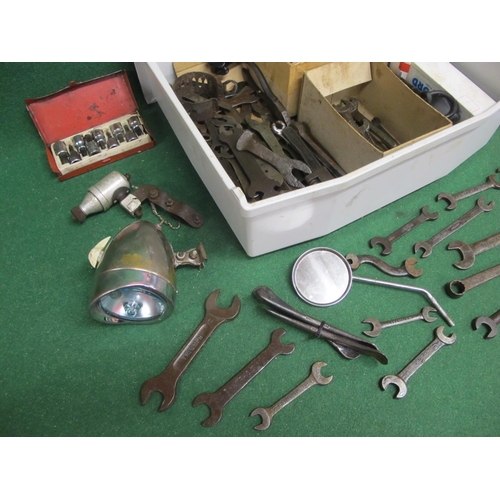 31 - Mixed box of motorcycle spanners to include: Triumph and BSA together with Ford, Jaguar, Austin, Lis... 