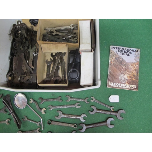 31 - Mixed box of motorcycle spanners to include: Triumph and BSA together with Ford, Jaguar, Austin, Lis... 