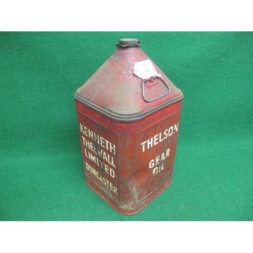 33 - Thelson Gear Oil pyramid can with cap, handle and Kenneth Thelwall Limited Doncaster on two sides - ... 