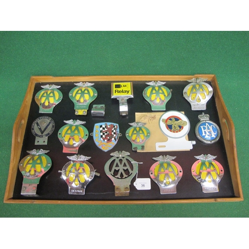 36 - Sixteen car badges to include: BARC, Vintage Sports Car Club, RAC, an American Honourable Discharge ... 