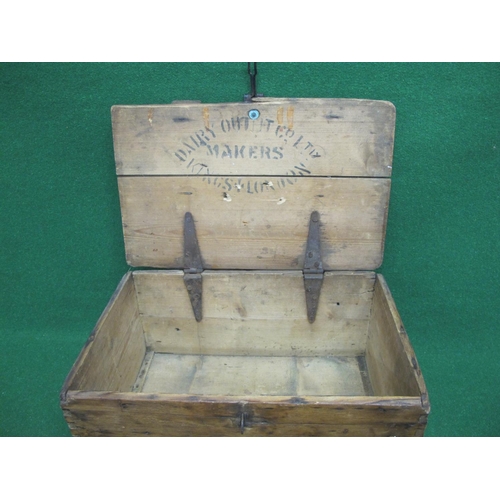 361 - Old jointed wooden case with hinged lid marked inside and out for Dairy Outfit Co. Ltd, Makers, King... 