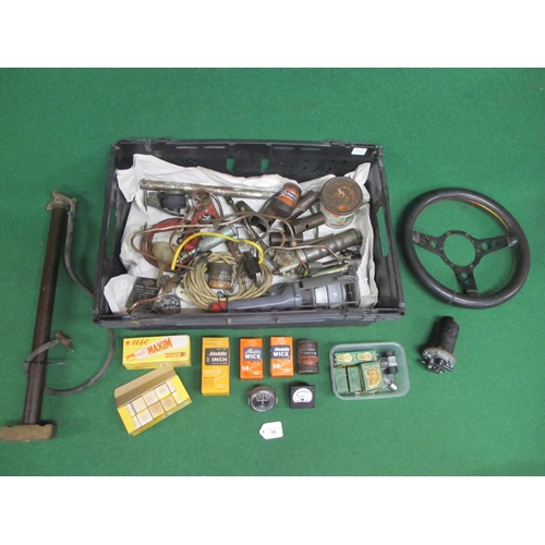 38 - Mixed crate containing: SU electric petrol pump, steering wheel, bulbs, grease guns, amp meter (USA)... 