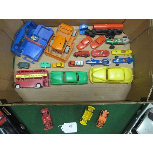 415 - Box of playworn plastic vehicles from: International Products, Marx, Merit, Beeju, Jimson, Minix, OK... 