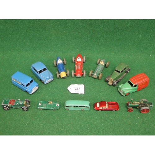 420 - Twelve loose playworn Dinky and Lesney vehicles to include: 470 Shell-BP van, 481 Ovaltine van, 40E ... 