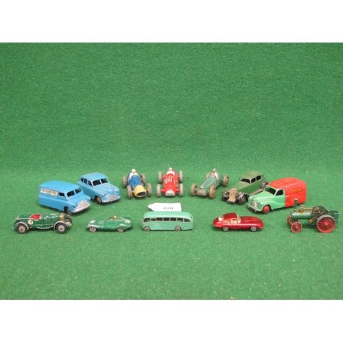 420 - Twelve loose playworn Dinky and Lesney vehicles to include: 470 Shell-BP van, 481 Ovaltine van, 40E ... 