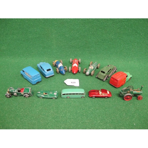 420 - Twelve loose playworn Dinky and Lesney vehicles to include: 470 Shell-BP van, 481 Ovaltine van, 40E ... 