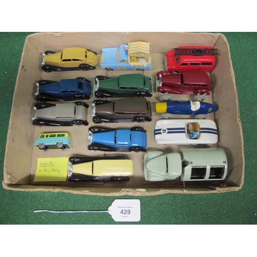 429 - Tray of fourteen professionally restored and painted Dinky, Corgi and Matchbox vehicles to include: ... 