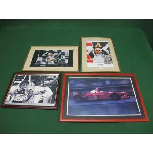 43 - Four motor racing prints to comprise: Lewis Hamilton, Ayrton Senna, Jenson Button (signed) and an F1... 