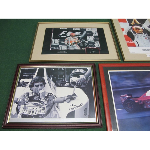 43 - Four motor racing prints to comprise: Lewis Hamilton, Ayrton Senna, Jenson Button (signed) and an F1... 