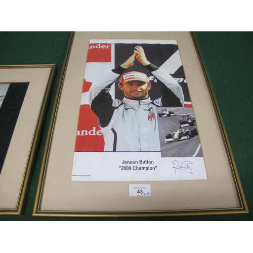 43 - Four motor racing prints to comprise: Lewis Hamilton, Ayrton Senna, Jenson Button (signed) and an F1... 