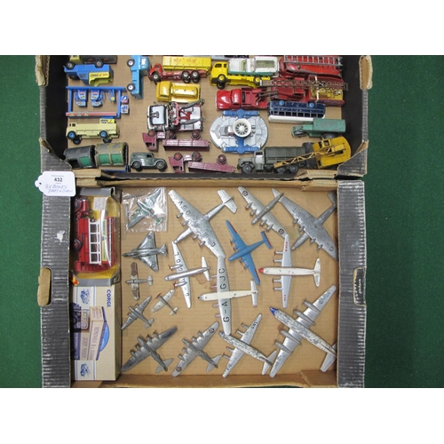 432 - Three boxes of loose and playworn Dinky and Corgi commercials, farm vehicles, fire engines and plane... 