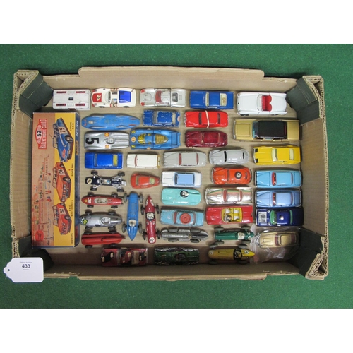 433 - Box of approx forty loose and playworn, Corgi and Dinky cars, racing cars, UNCLE Oldsmobile and a re... 