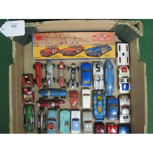 433 - Box of approx forty loose and playworn, Corgi and Dinky cars, racing cars, UNCLE Oldsmobile and a re... 