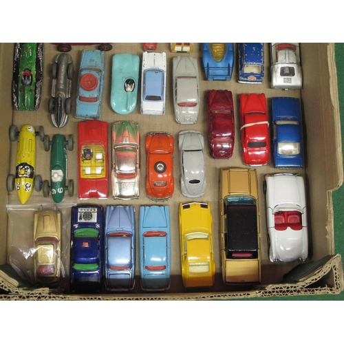 433 - Box of approx forty loose and playworn, Corgi and Dinky cars, racing cars, UNCLE Oldsmobile and a re... 