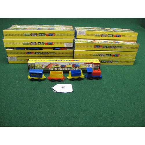 497 - Thirty six boxed Toy Town Goods Special push-a-long plastic trains made by Pippin Toy (England) - 12... 