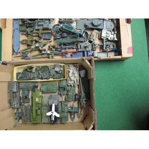 525 - Three boxes of loose playworn diecast military vehicles and guns from Dinky, Corgi and Britains etc