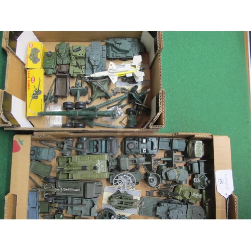 525 - Three boxes of loose playworn diecast military vehicles and guns from Dinky, Corgi and Britains etc