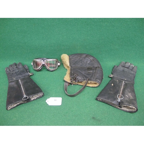 53 - Sheepskin flying helmet, pair of fur lined gauntlet gloves and Climax 510 goggles