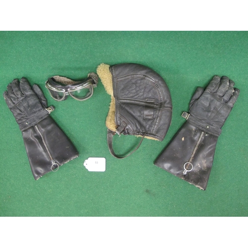 53 - Sheepskin flying helmet, pair of fur lined gauntlet gloves and Climax 510 goggles