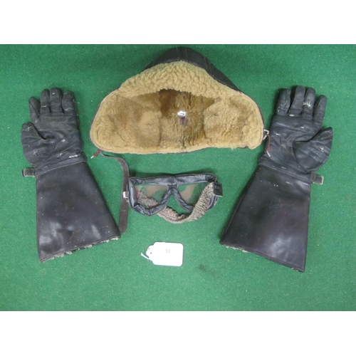 53 - Sheepskin flying helmet, pair of fur lined gauntlet gloves and Climax 510 goggles