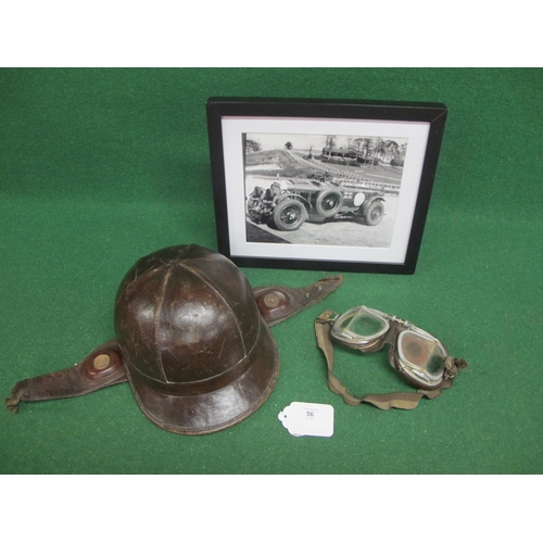 56 - Vintage Bayard leather crash helmet, adjustable goggles and a framed black & white print of Birkin's... 