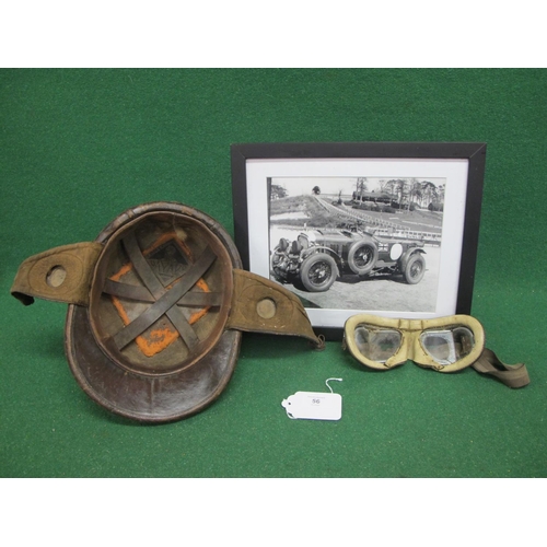 56 - Vintage Bayard leather crash helmet, adjustable goggles and a framed black & white print of Birkin's... 