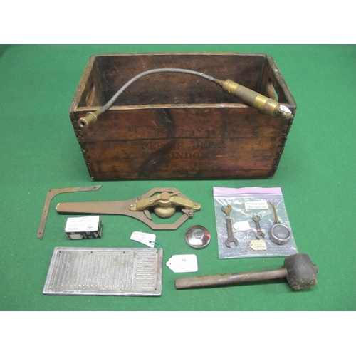 58 - Vintage Rolls Royce Repair Dept-London wooden crate containing: Enots flexible grease gun, Kays No. ... 