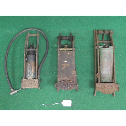 6 - Three old foot pumps embossed Nesthill Jupiter, Dunlop Minor and WD with an arrow (for renovation)