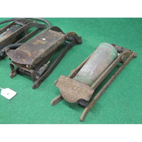 6 - Three old foot pumps embossed Nesthill Jupiter, Dunlop Minor and WD with an arrow (for renovation)