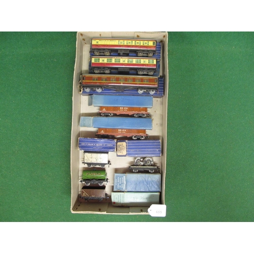 655 - Box of playworn HD 3 Rail wagons and coaches (in rough boxes) including LMS Seven Plank and Power Pe... 