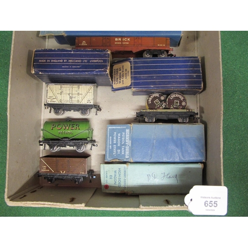 655 - Box of playworn HD 3 Rail wagons and coaches (in rough boxes) including LMS Seven Plank and Power Pe... 