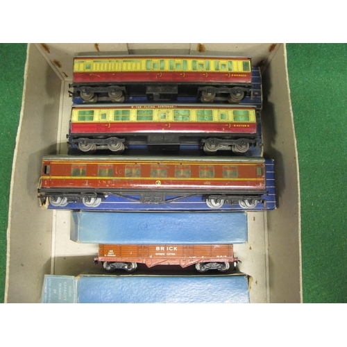 655 - Box of playworn HD 3 Rail wagons and coaches (in rough boxes) including LMS Seven Plank and Power Pe... 