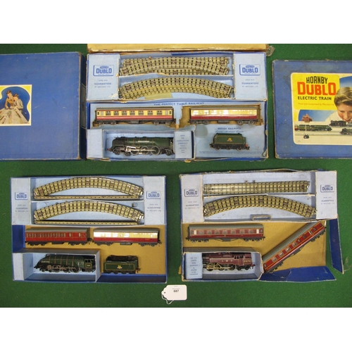 687 - Three HD mis-matched 3 Rail train sets, in rough boxes, containing: track, six coaches, tender locom... 