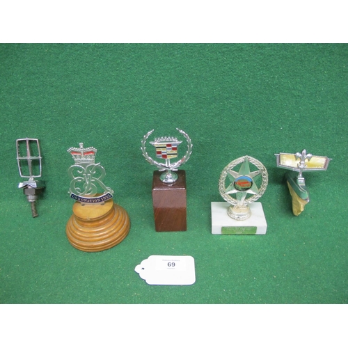 69 - Three bonnet/hood emblems including Cadillac together with a mounted ER Coronation 1953 with crown e... 