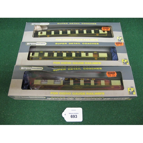 693 - Three 1970's-1990's Wrenn OO scale Pullman cars in chocolate and cream to comprise: W6001A No. 87 an... 