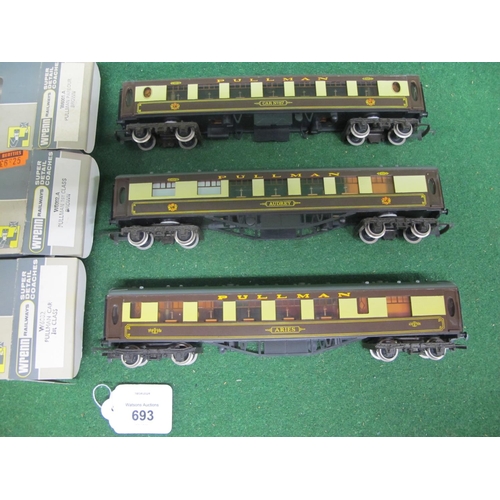 693 - Three 1970's-1990's Wrenn OO scale Pullman cars in chocolate and cream to comprise: W6001A No. 87 an... 