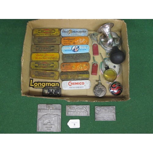 9 - Thirteen puncture repair tins, small bulb horn etc together with three lead printing plates for Morr... 