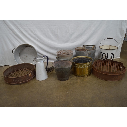 12 - Quantity of galvanised items to include buckets together with enamel jug, bucket and brass jardinier... 