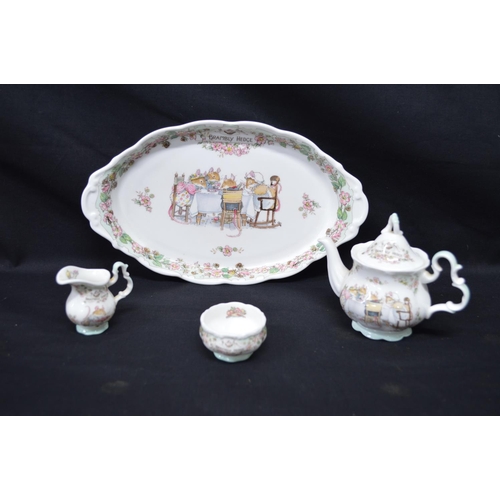 129 - Royal Doulton Bramley Hedge miniature four piece tea set to comprise: oval serving tray, teapot, cre... 