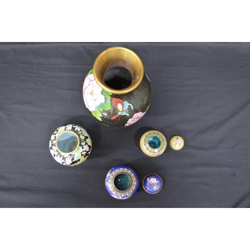 162 - Floral decorated Cloisonne vase - 31cm tall together with two ginger jars and an enamelled vase