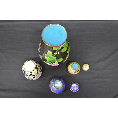 162 - Floral decorated Cloisonne vase - 31cm tall together with two ginger jars and an enamelled vase