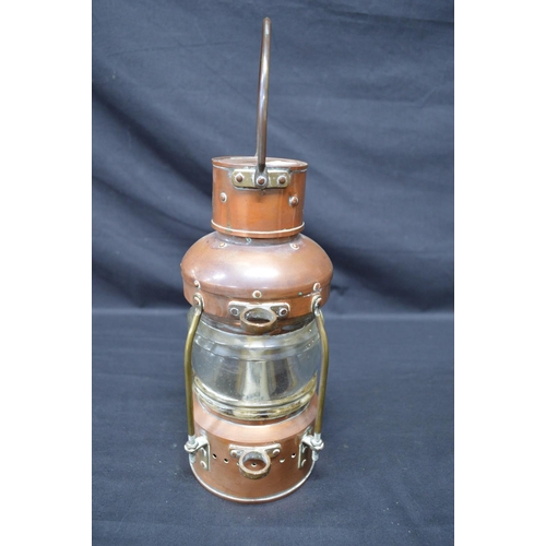 166 - Un-named copper 360 degree anchor lantern with brass mounts - 33cm tall