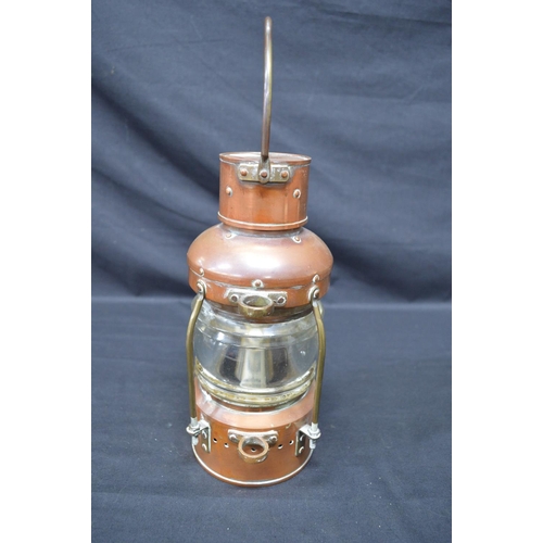 166 - Un-named copper 360 degree anchor lantern with brass mounts - 33cm tall