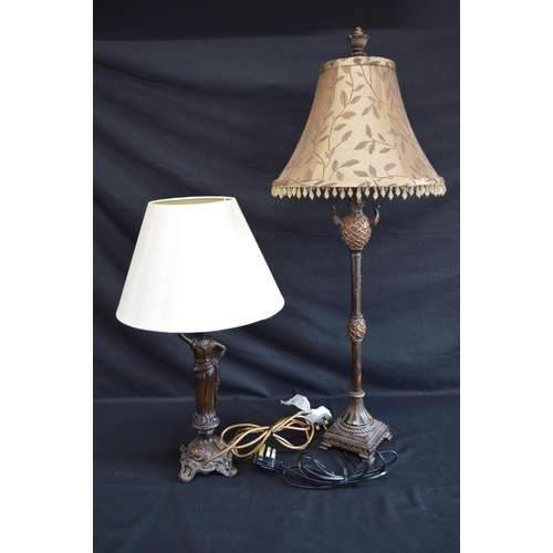 177 - Painted spelter figural table lamp and shade - 52cm tall together with another metal painted lamp an... 