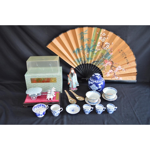 183 - Collection of sundry items to include: Judy Taylor bear, fan, pair of spelter horse figures, quantit... 