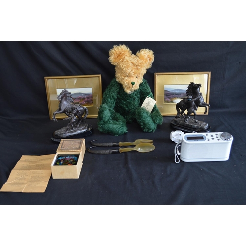 183 - Collection of sundry items to include: Judy Taylor bear, fan, pair of spelter horse figures, quantit... 