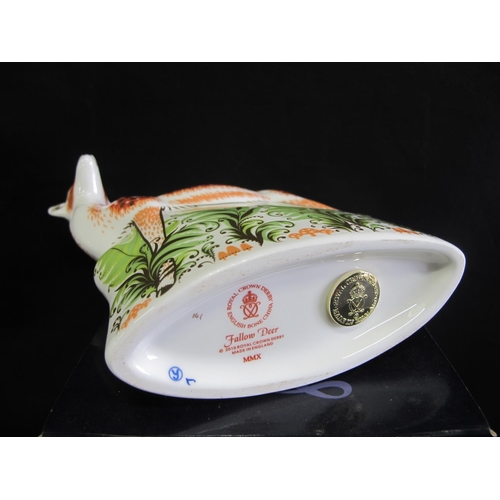 212 - Royal Crown Derby paperweight of a Fallow Deer with gold stopper, complete with box - 15cm tall