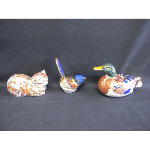 216 - Group of three Royal Crown Derby paperweights with gold stoppers to comprise: Fairy Wren - 9.5cm tal... 