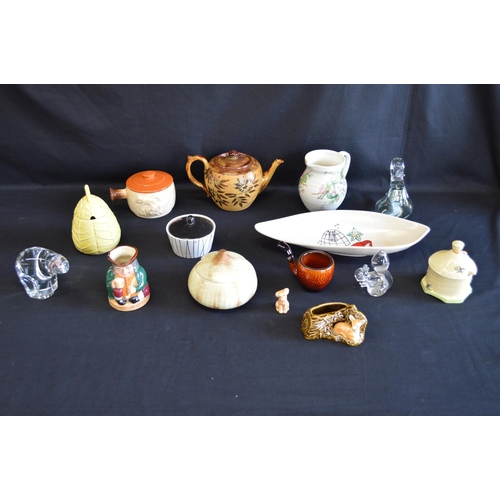 240 - Group of ceramics and glassware to include: musical tankards, three Wedgwood animal paperweight figu... 